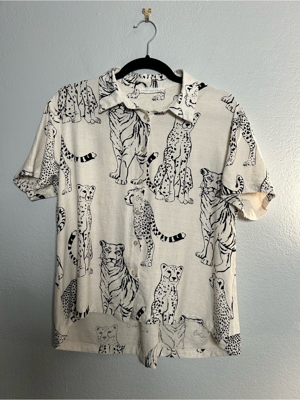 Big Cats Ivory Button-Down Shirt with Black Sketch Tigers, Cheetah Rayon Linen